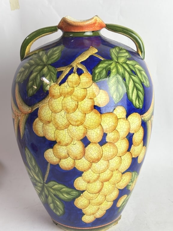 Large Italian Majolica Grape Motif Vase: Large Italian Majolica Grape Motif Vase, 14in by 9in