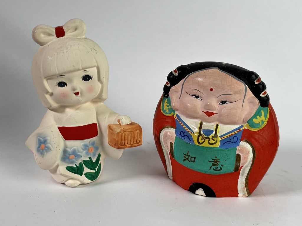 (2) Vintage Chinese/Japanese Pottery Girl Figurine: (2) Vintage Chinese/Japanese Pottery Girl Figurines, 5.5in by 4in