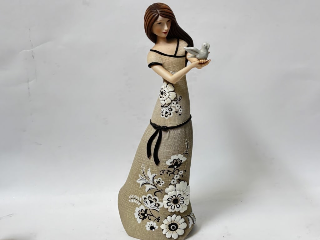 Porcelain Maiden Holding Dove Figurine: Porcelain Maiden Holding Dove Figurine, 12.5in