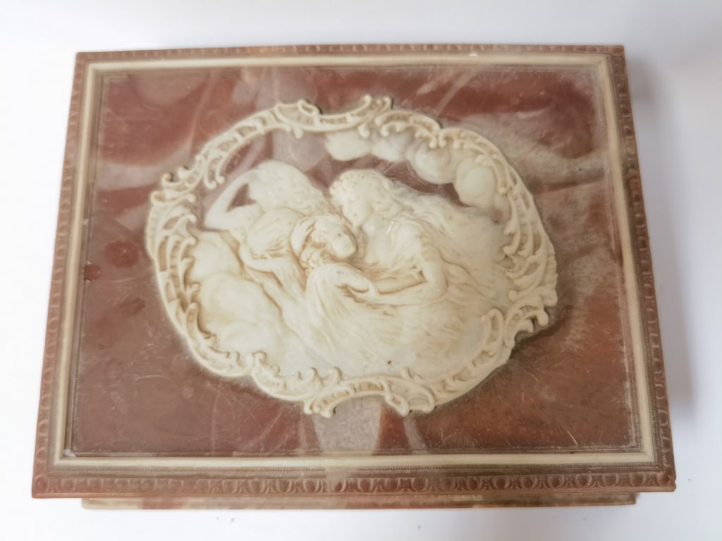 Vintage Italian Colay Stone Relief Trinket Box: Vintage Italian Colay Stone Relief Trinket Box, 10in by 8in by 3in