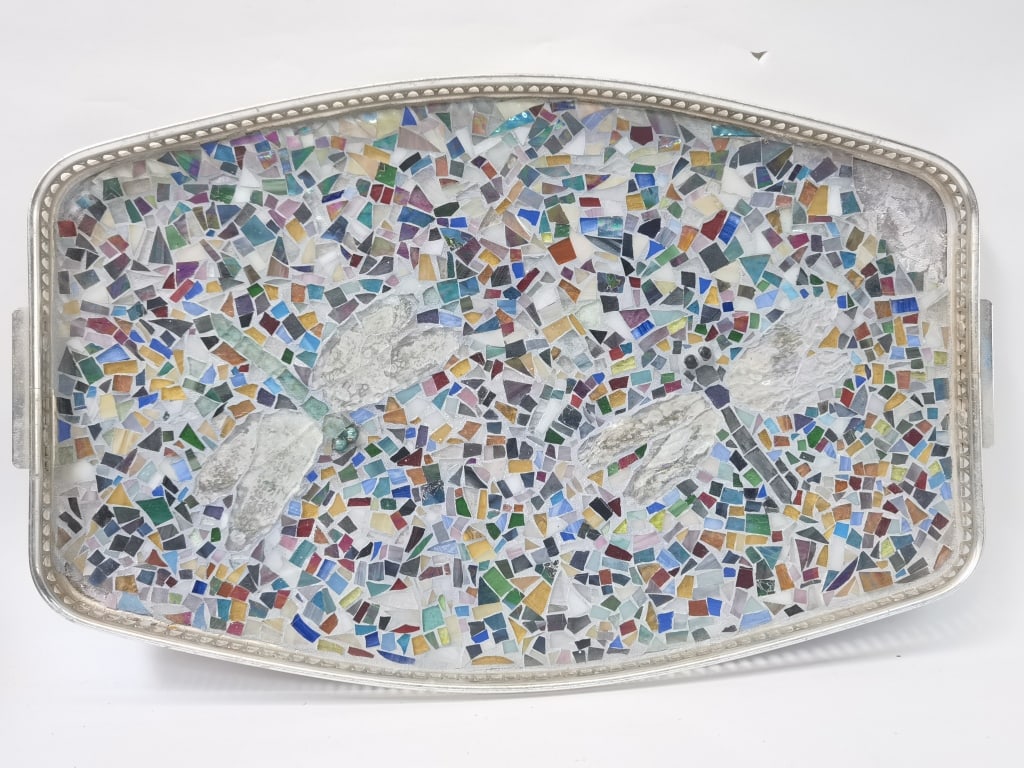 Large Colored Glass Mosaic Dragonfly Tray: Large Colored Glass Mosaic Dragonfly Tray, 24in by 15in, Some missing glass mosaic pieces