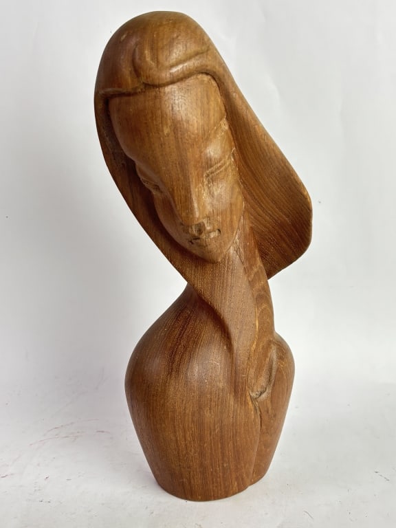Mid-Century Modern Carved Wood Bust: Mid-Century Modern Carved Wood Bust, 11.5in by 5in