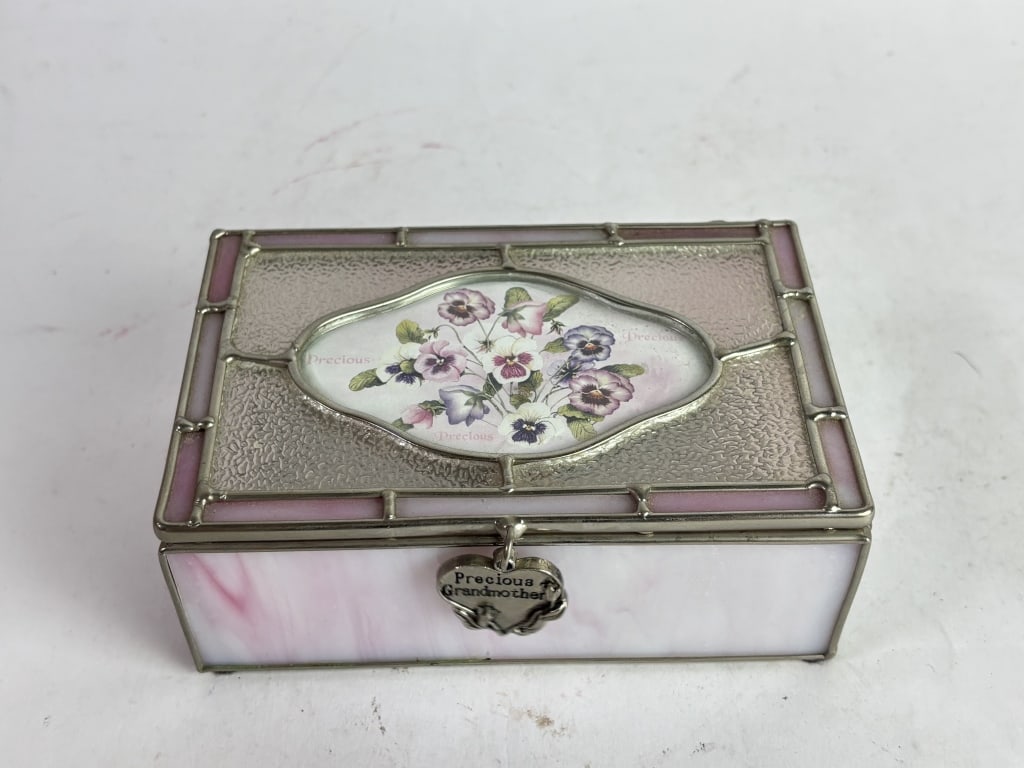 "Precious Grandmother" Slag Glass Jewelry Box: "Precious Grandmother" Slag Glass Jewelry Box, 5.5in by 3.5in by 2in