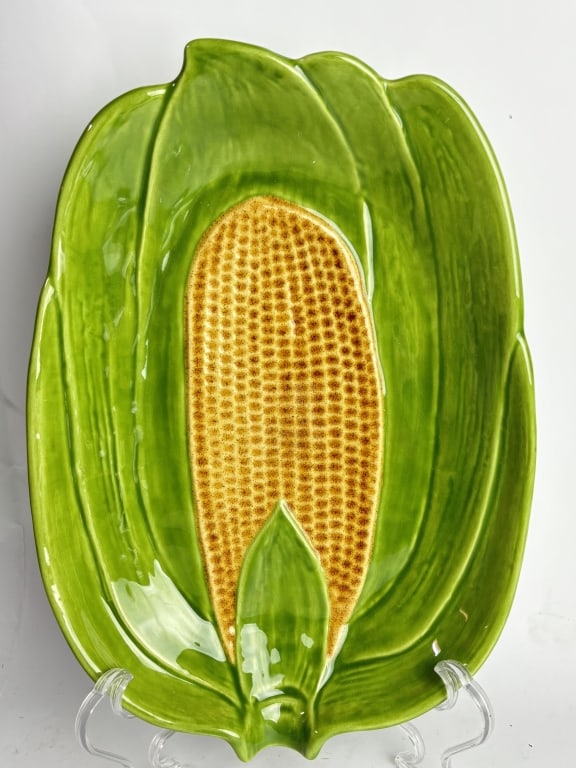1981 Signed Stevens Porcelain Corn Dish: 1981 Signed Stevens Porcelain Corn Dish, 11.75in