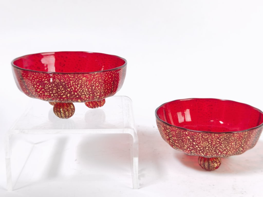 Pr. of Vintage Murano Italy Glitter Ruby Glass Bow: Pr. of Vintage Murano Italy Glitter Ruby Glass Bowls, 1.25in by 3in