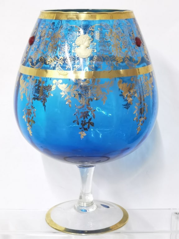 Vintage Empoli Italian Gilt Blue Glass Brandy Snif: Vintage Empoli Italian Gilt Blue Glass Brandy Snifter, 11in