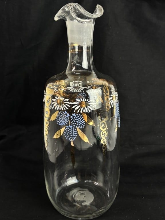 Vintage Bohemian Gilt Hand Painted Glass Decanter: Vintage Bohemian Gilt Hand Painted Glass Decanter, 11.5in by 4.25in