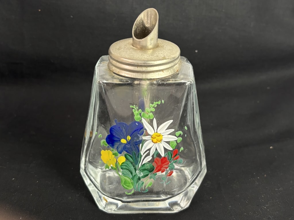 Vintage Fenton Hand Painted Floral Glass Sugar Cas: Vintage Fenton Hand Painted Floral Glass Sugar Caster, 5in by 3.25in