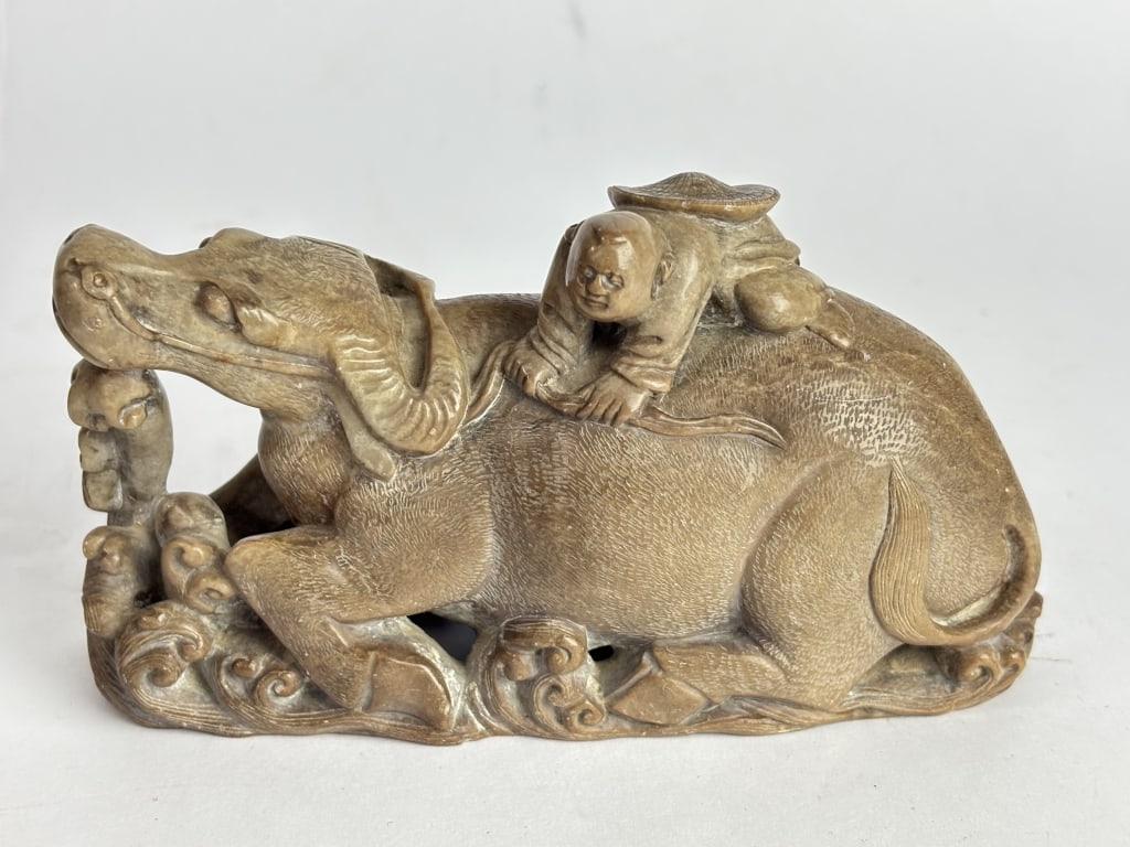 Vintage Chinese Carved Soapstone Ox and Boy: Vintage Chinese Carved Soapstone Ox and Boy, 5.5in by 3in by 2in