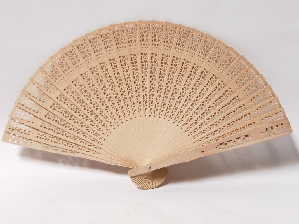 Chinese Tanxiang Wood Fan: Chinese Tanxiang Wood Fan, 8in