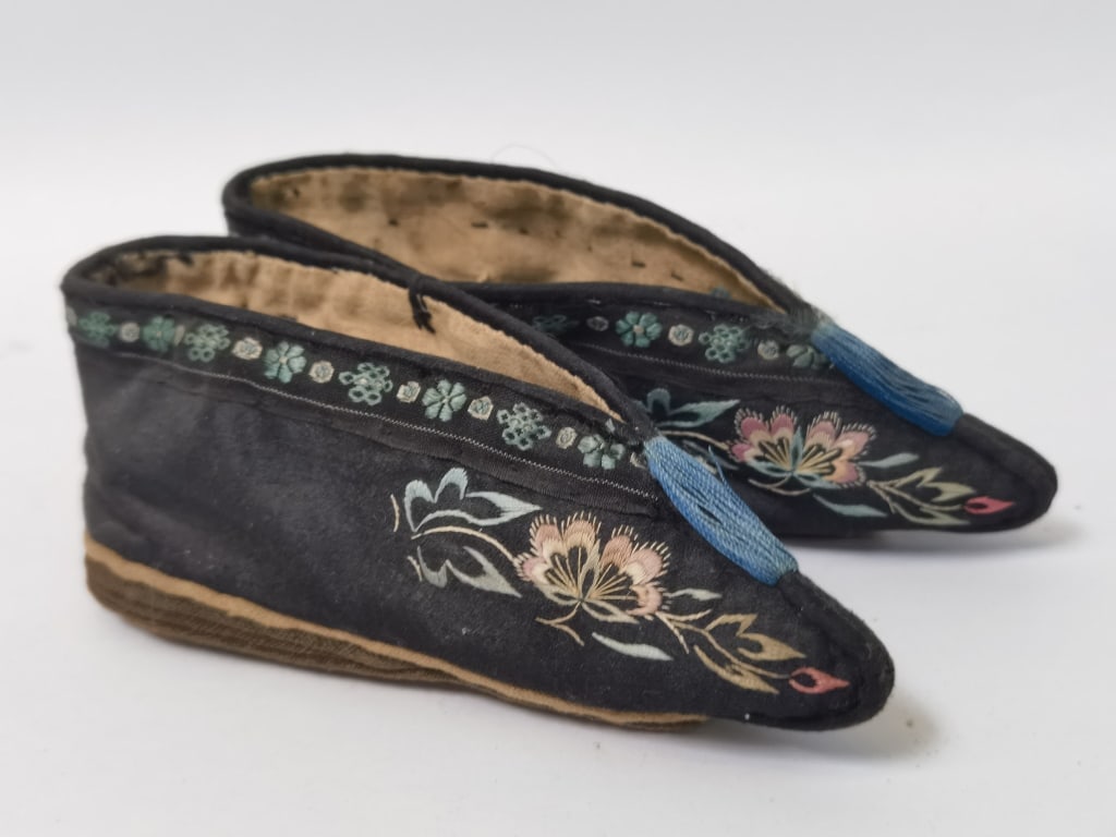 Pr. of Chinese Embroidered Three-Inch Lotus Shoes: Pr. of Chinese Embroidered Three-Inch Lotus Shoes, 7in