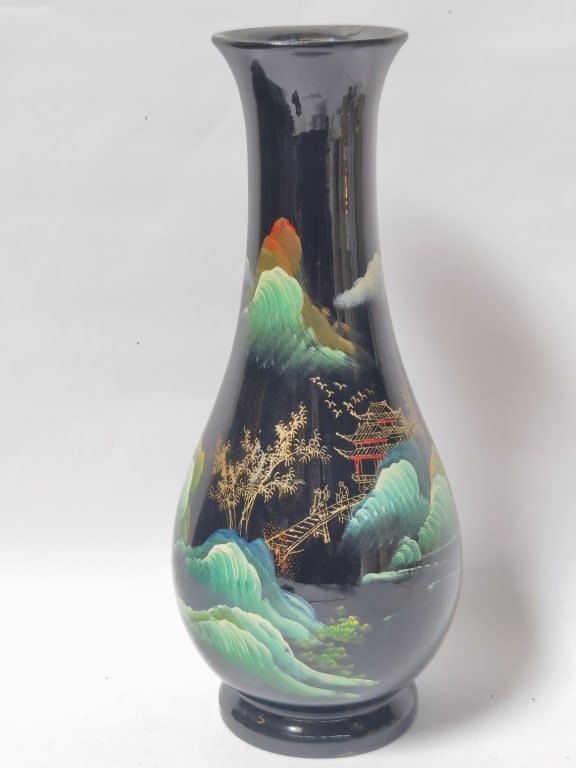 Vintage Chinese Lacquer over Wood Landscape Vase: Vintage Chinese Lacquer over Wood Landscape Vase, 12.25in