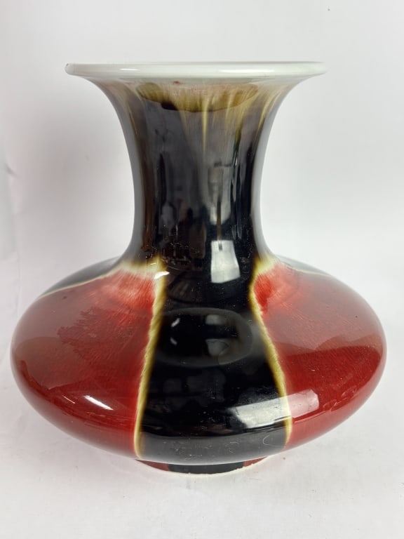 Vintage Chinese Porcelain Flambe Glaze Vase, JingD: Vintage Chinese Porcelain Flambe Glaze Vase, JingDeZhen, 9.5in by 9.5in