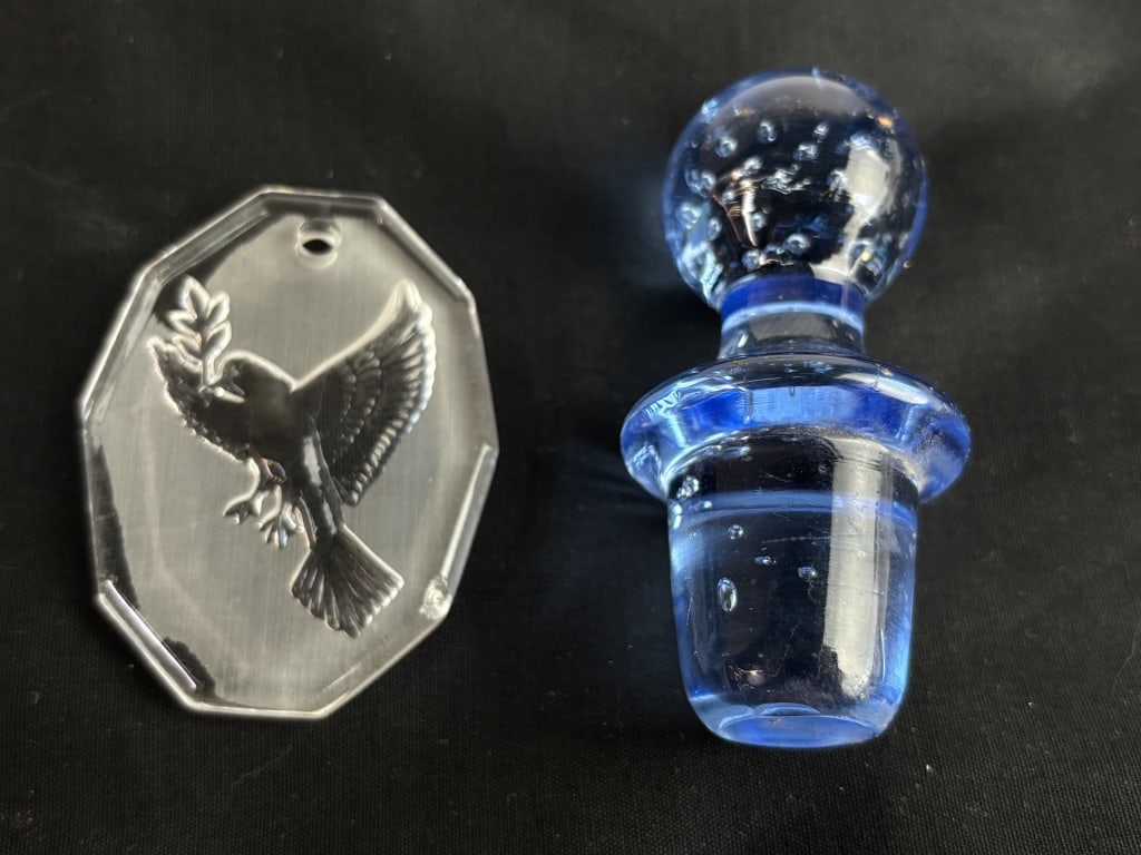 Glass Pendant and Blue Glass Stopper: Glass Pendant and Blue Glass Stopper, 3.5in