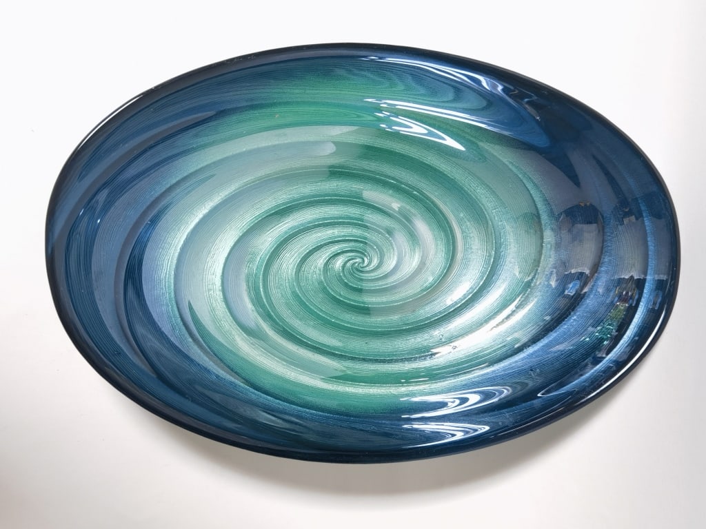 Oval Blue/Green Swirl Glass Bowl: Oval Blue/Green Swirl Glass Bowl, 12.5in