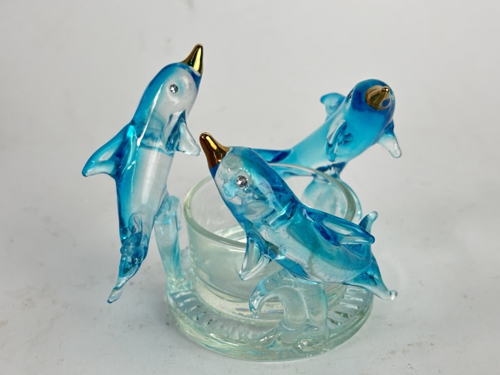 Vintage Gilt Blue Glass Dolphins Candle Holder (1 of 4)