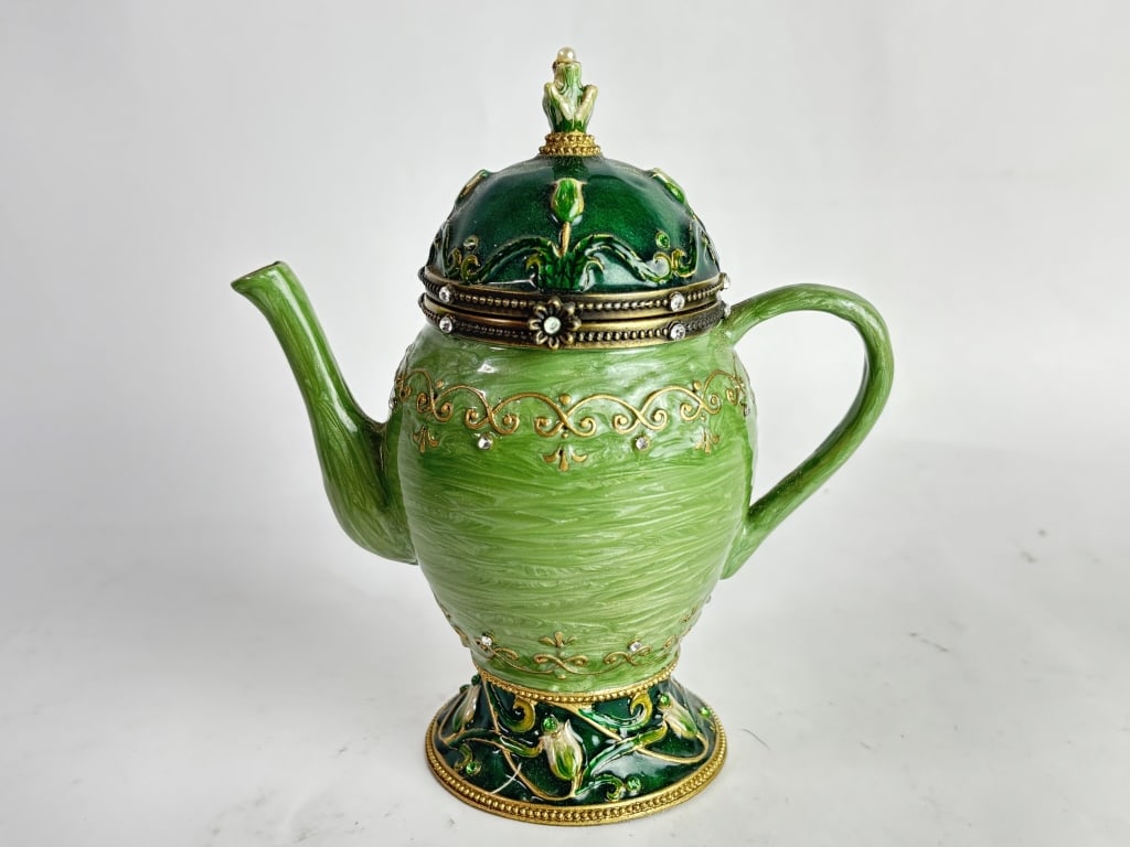 Vintage Green Rhinestone Enameled Teapot Trinket B: Vintage Green Rhinestone Enameled Teapot Trinket Box, 6.25in by 5.5in