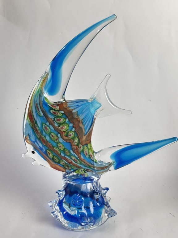 Large Murano Italy Millefiori Blue Art Glass Fish: Large Murano Italy Millefiori Blue Art Glass Fish, 13.25in by 9.5in
