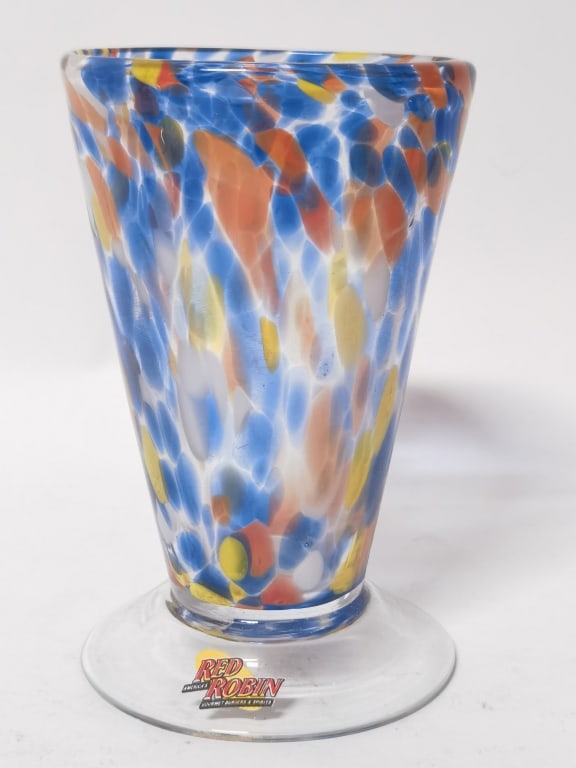 Red Robin Splatter Glass Vase: Red Robin Splatter Glass Vase, 6in