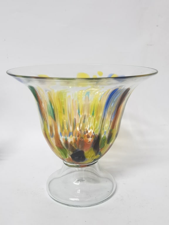 Vintage Multicolor Glass Pedestal Vase: Vintage Multicolor Glass Pedestal Vase, 8in by 8.5in