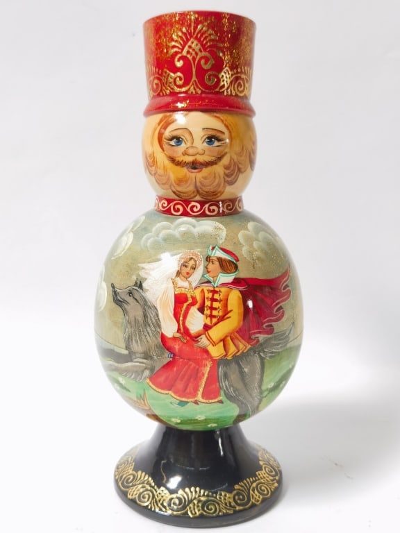 Vintage Russian Hand Painted Nesting Doll Bottle H: Vintage Russian Hand Painted Nesting Doll Bottle Holder, 10.5in