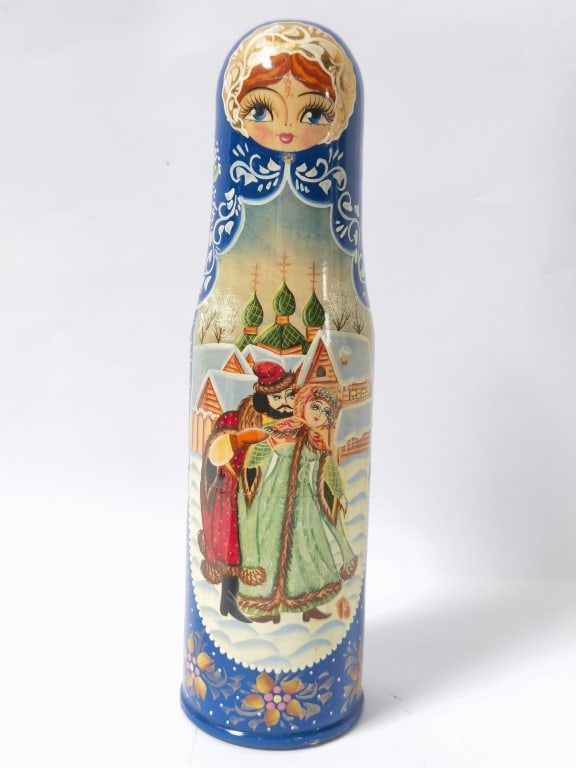 Vintage Russian Hand Painted Nesting Doll Bottle H: Vintage Russian Hand Painted Nesting Doll Bottle Holder, 13in