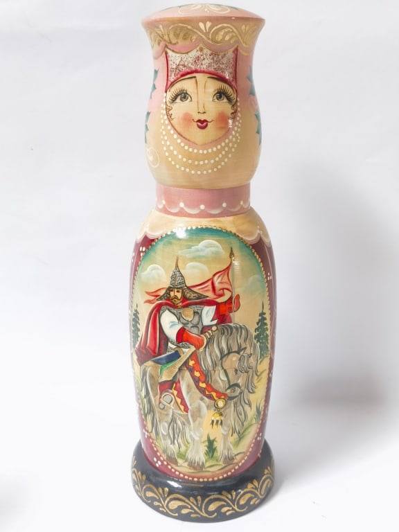 Vintage Russian Hand Painted Nesting Doll Bottle H: Vintage Russian Hand Painted Nesting Doll Bottle Holder, 14in