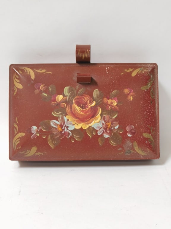 Vintage Hand Painted Floral Metal Crumb Catcher: Vintage Hand Painted Floral Metal Crumb Catcher, 8in by 5in by 2in