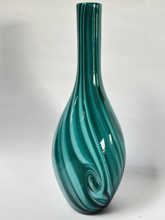 Crate & Barrel Green Stripe Art Glass Vase (1 of 5)