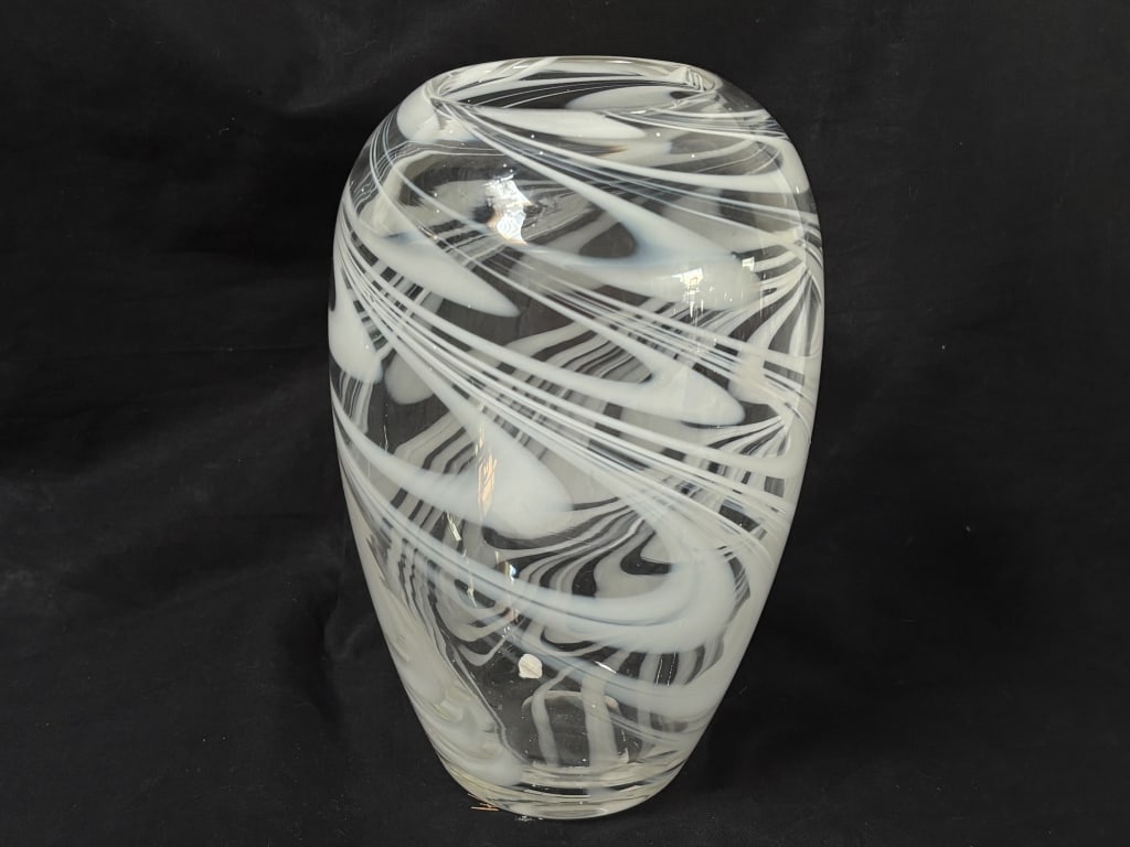Vintage White Swirl Art Glass Vase: Vintage White Swirl Art Glass Vase, 9.75in