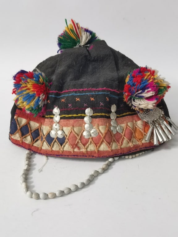 Vintage Southeast Akha Hill Tribe Hat: Vintage Southeast Akha Hill Tribe Hat, 9in