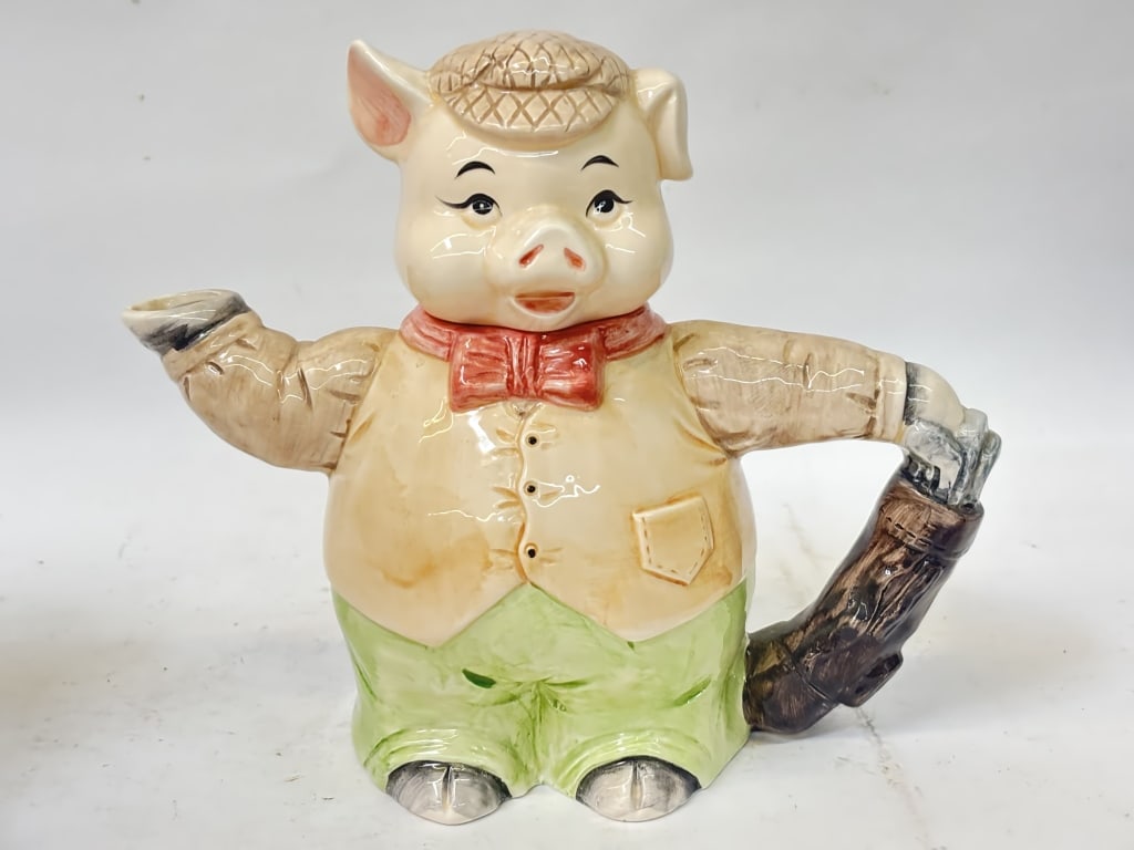 Vintage Porcelain Gentleman Pig Teapot: Vintage Porcelain Gentleman Pig Teapot, 9in by 7.5in