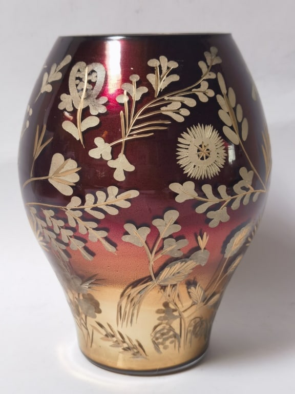 Vintage Bohemian Cranberry Flash Glass Vase: Vintage Bohemian Cranberry Flash Glass Vase, 8.5in by 6in