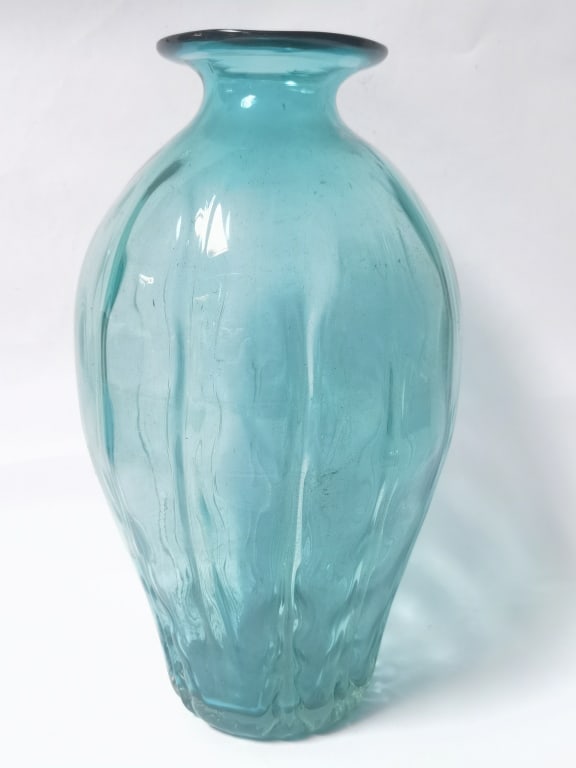 Mid-Century Blown Aqua Glass Vase: Mid-Century Blown Aqua Glass Vase, 14.5in by 8in