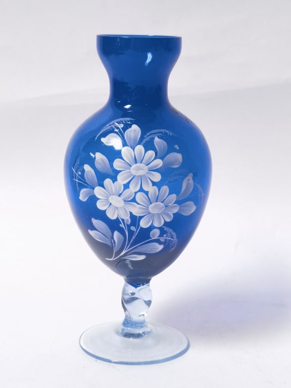 Vintage Bristol-Style Cobalt Blue Pedestal Vase: Vintage Bristol-Style Cobalt Blue Pedestal Vase, 6in