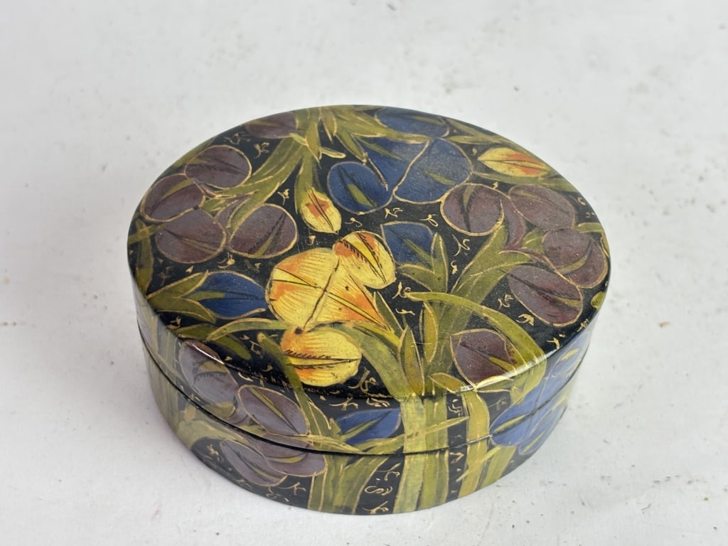 Kashmiri Persian-Style Iris Papier-Mache Box: Kashmiri Persian-Style Iris Papier-Mache Box,