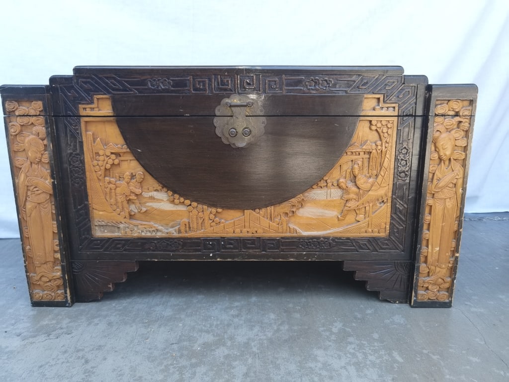 Chinese Hand-Carved Camphor Wood Scroll Chest: Chinese Hand-Carved Camphor Wood Scroll Chest, 34.5in by 17.5in by 19in