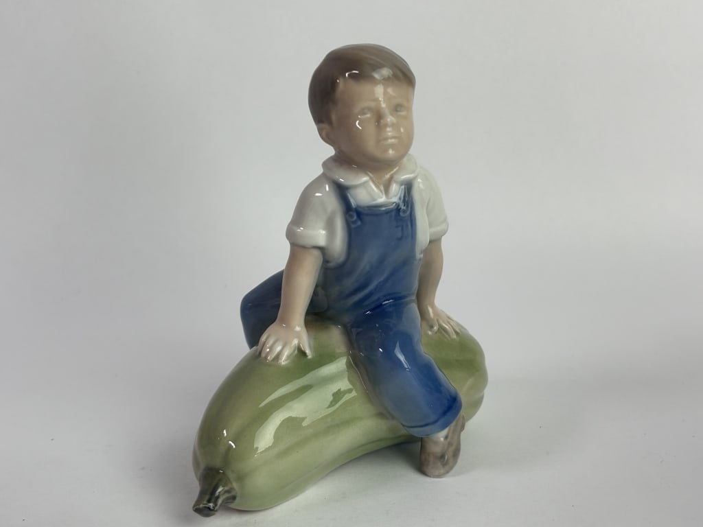 Vintage Royal Copenhagen Porcelain "Boy on Gourd": Vintage Royal Copenhagen Porcelain "Boy on Gourd" Figurine, 5in by 4.75in