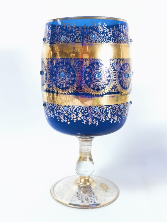 Vintage Balboa Venetian Decorated Gilt Blue Wine G: Vintage Balboa Venetian Decorated Gilt Blue Wine Glass, 10.5in
