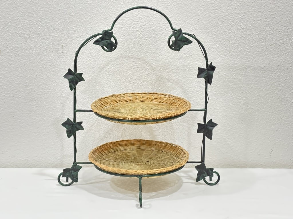 Vintage Two-Tier Wrought Iron and Wicker Server: Vintage Two-Tier Wrought Iron and Wicker Server, 17.5in by 16in