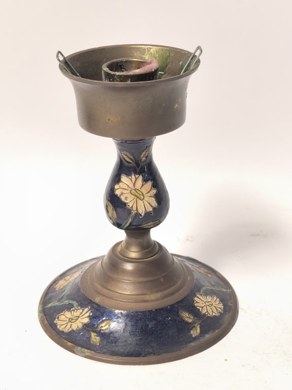 Vintage Enameled Brass Floral Altar Candlestick: Vintage Enameled Brass Floral Altar Candlestick, 5.25in by 4 1/8in