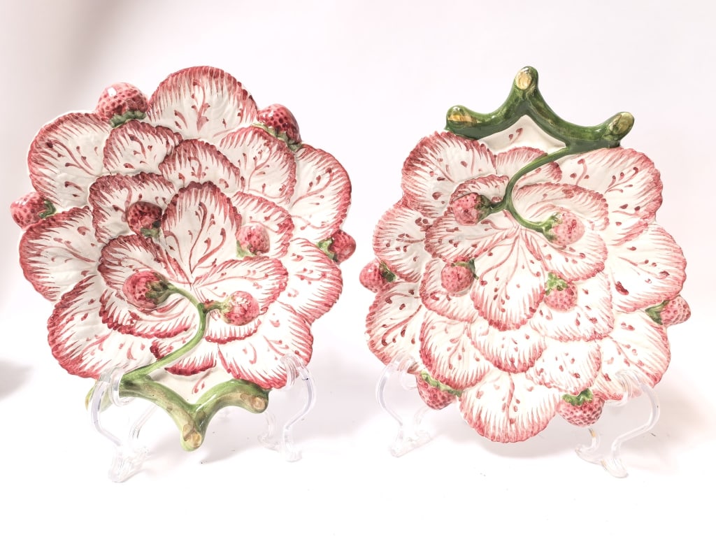 Pr. of Neuwirth Portugal Majolica Strawberry Leaf: Pr. of Neuwirth Portugal Majolica Strawberry Leaf Plates, 8.75in by 7.5in by 2in