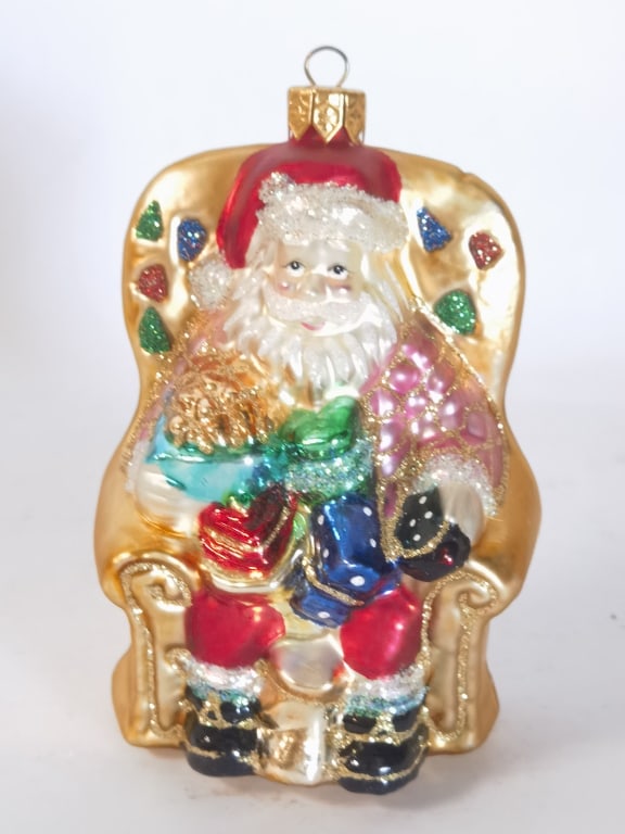 Santa in Armchair Blown Glass Ornament: Santa in Armchair Blown Glass Ornament, 4in by 2.5in by 1.5in