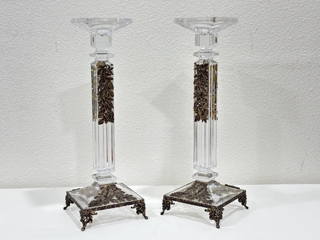 Pair of Vintage Crystal and Bronze-Tone Candlestic (1 of 7)