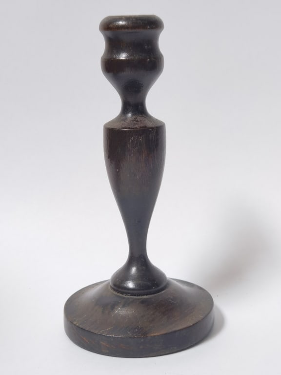 Vintage Turned Dark Wood Candlestick: Vintage Turned Dark Wood Candlestick, 7.5in