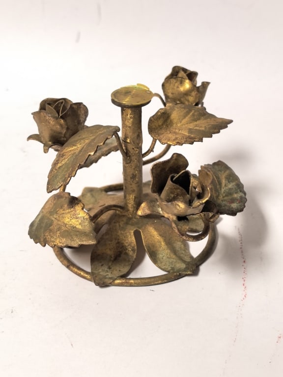Vintage Gilt Metal Floral Rose Candle Holder: Vintage Gilt Metal Floral Rose Candle Holder, 5.5in by 4.5in by 3.5in