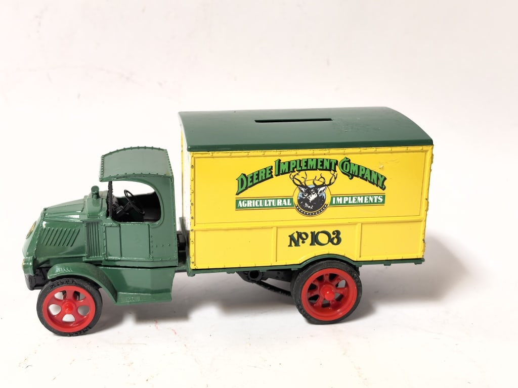 ERTL Die-Cast Delivery Truck Bank - "Deere Implem": ERTL Die-Cast Delivery Truck Bank - "Deere Implement Company", 6.5in by 3 1/8in by 2.5in