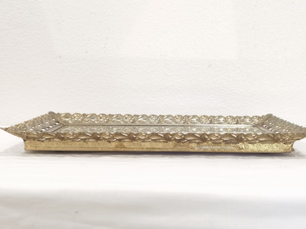 Vintage Rectangular Filigree Brass Mirrored Tray - 2