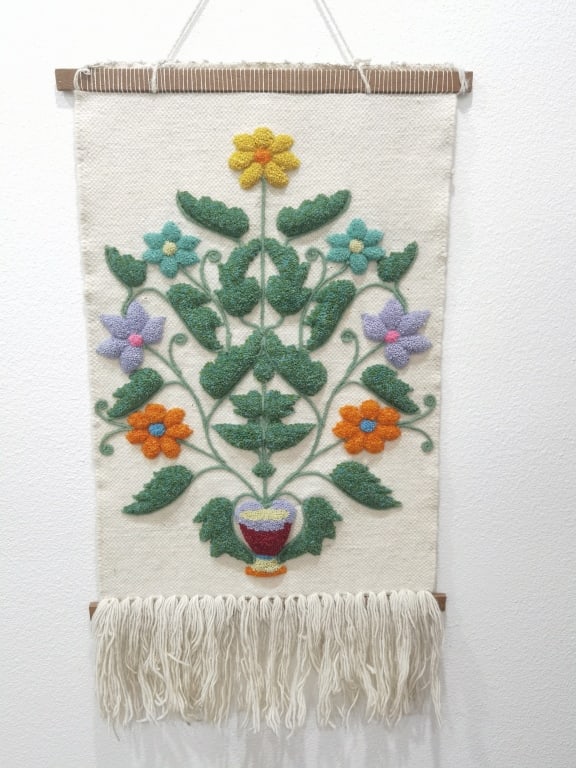 Vintage Mid-Century Punch Needle Floral Wall Hangi: Vintage Mid-Century Punch Needle Floral Wall Hanging, 39in by 20.75in