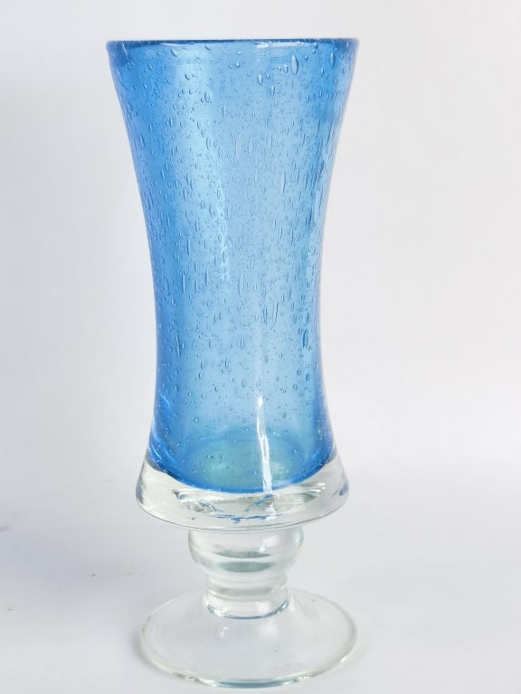 Vintage Blue Bubble Glass Pedestal Footed Vase (1 of 4)